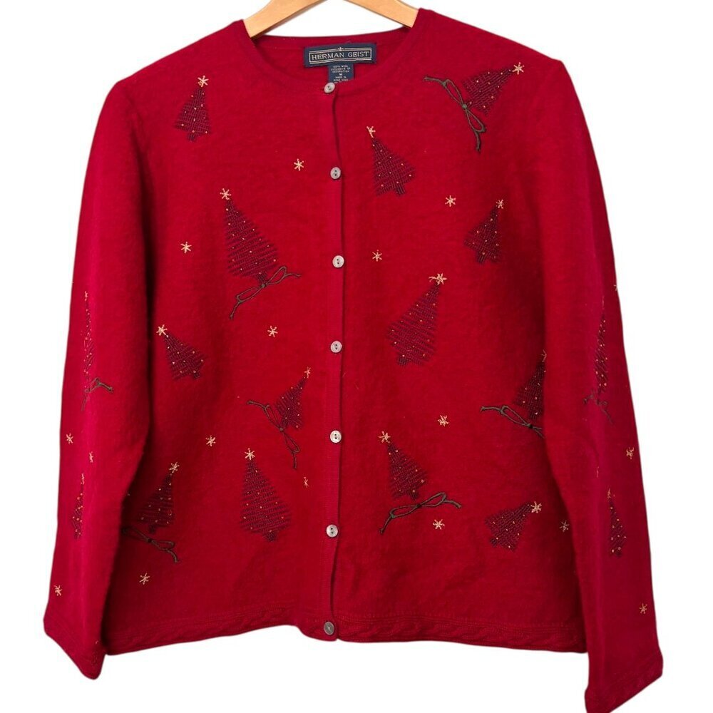 HERMAN GEIST Vintage Red Wool Christmas Cardigan Size Medium Excellent Condition